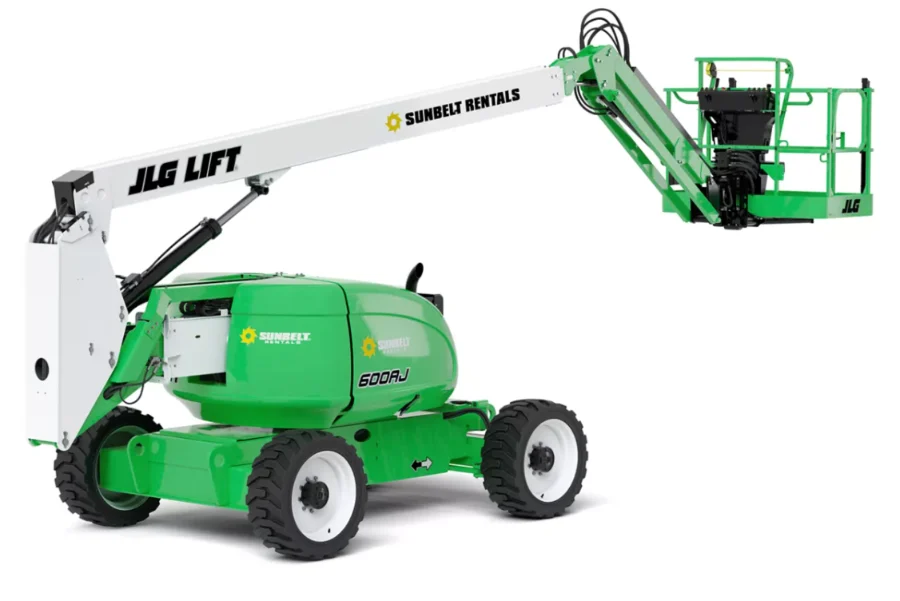 Articulating boom lift used to reach over racking